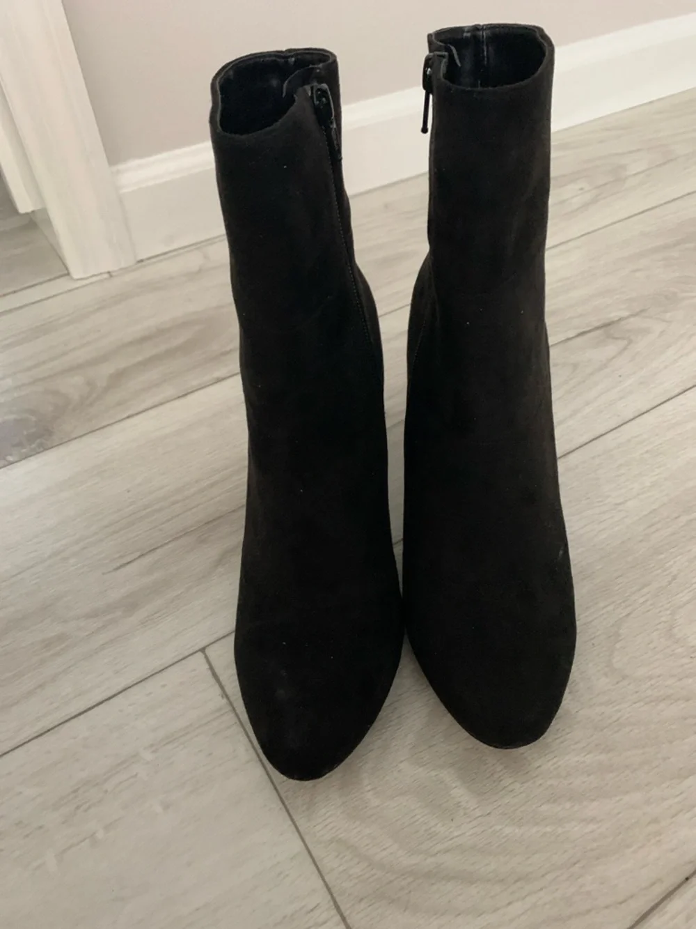 BCBG Black Suede Ankle Booties with Block Heel